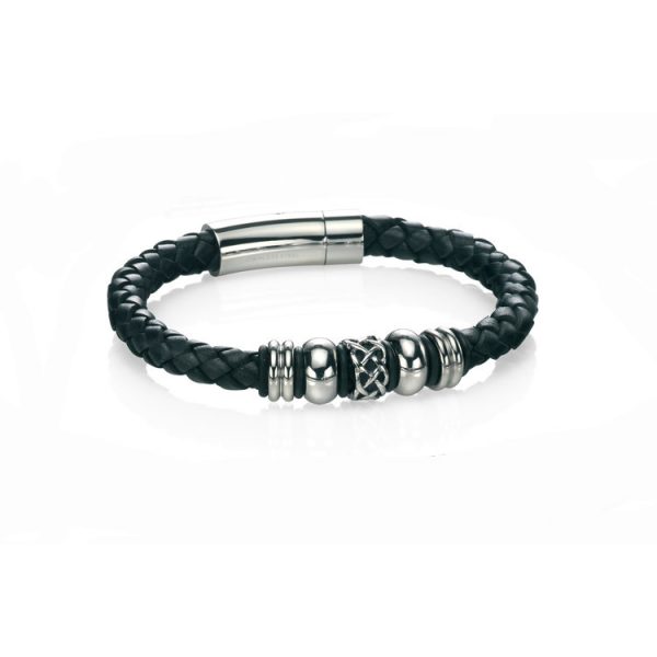 Fred Bennett Stainless Steel BLACK Leather Celtic Bead Bracelet