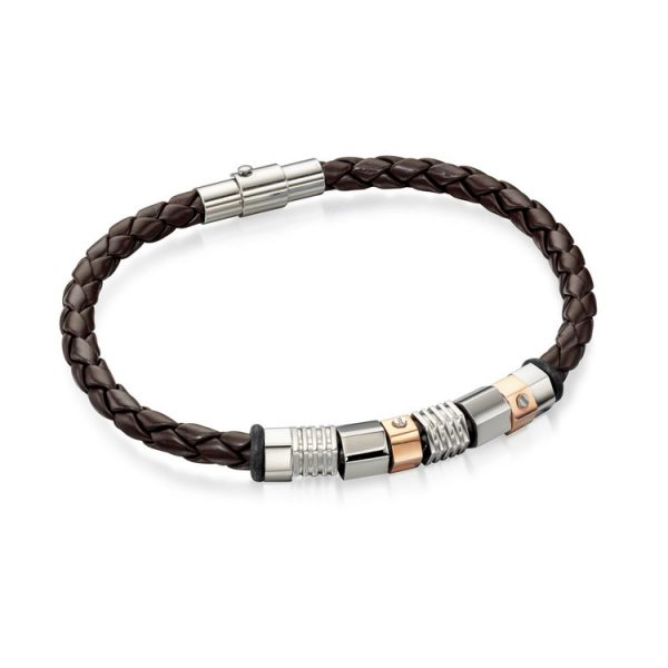 Fred Bennett Stainless Steel Brown Leather Bracelet With Steel and Rose PVD Beads 20cm
