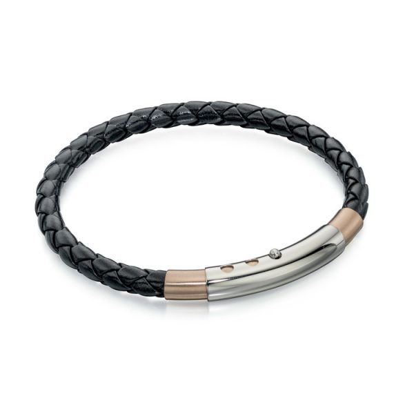 Fred Bennett Stainless Steel Skinny Black Leather & Rose PVD Bracelet