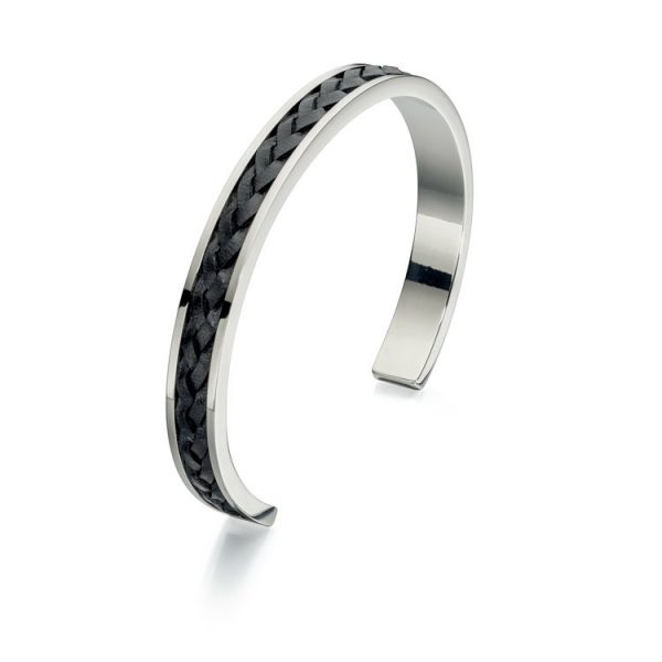 Fred Bennett Fixed Open Bangle With Plaited Black Leather Insert