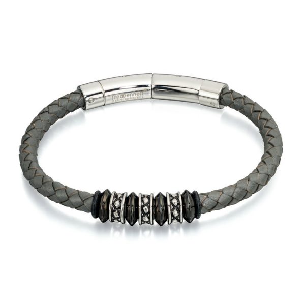 Fred Bennett Grey Leather Adjustable Clasp Bracelet With Beads
