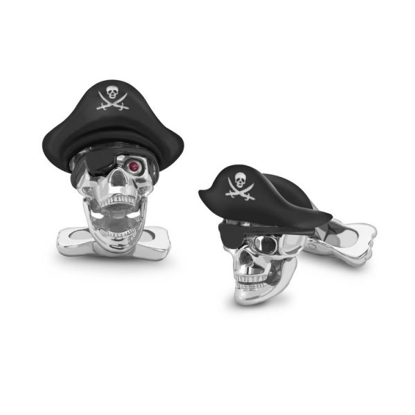 Sterling Silver Pirate Skull Cufflinks with Hat and Ruby Eyes