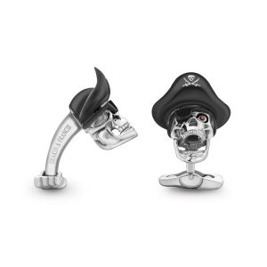 Sterling Silver Pirate Skull Cufflinks with Hat and Ruby Eyes