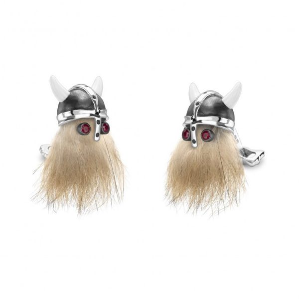 Hairy Viking Skull with Black Helmet and Ruby Eye Cufflinks