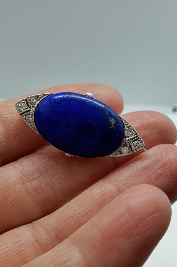 18ct White Gold Lapis and Diamond Brooch (Unhallmarked)