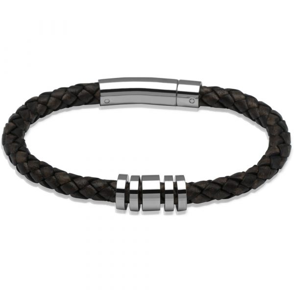 Unique & Co. Men's  Brown Leather Bracelet with Steel Elements and Stainless Steel Clasp