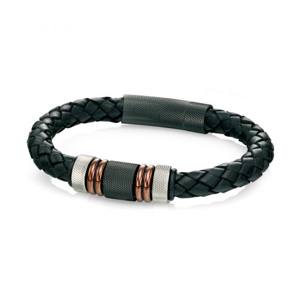 Fred Bennett Stainless Steel, Black, Brown PVD & Black Leather Woven Bracelet