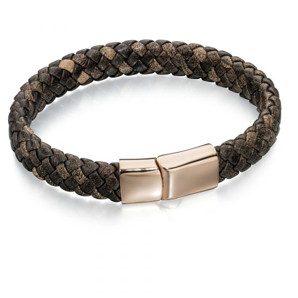 Fred Bennett Stainless Steel Wide Plaited Brown Leather Rose PVD Bracelet