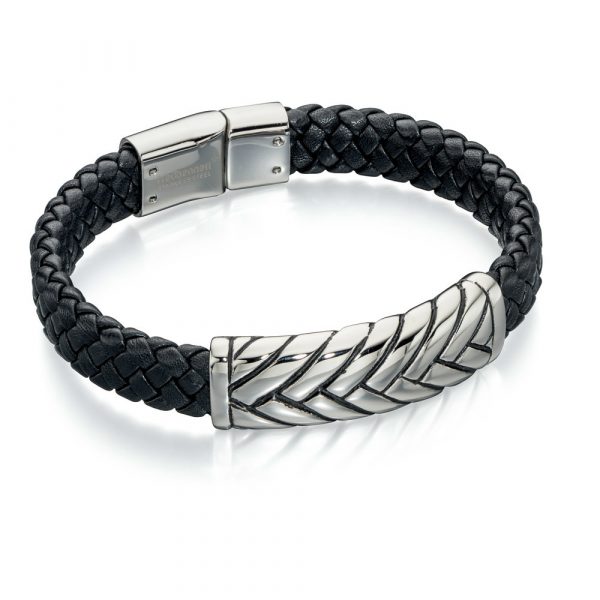 Fred Bennett Plaited Centre Wide Black Leather Cuff