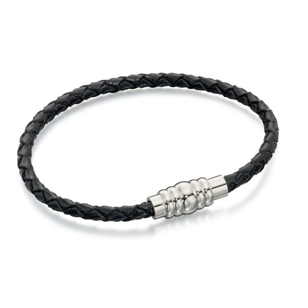 Fred Bennett Skinny Stainless Steel Black Or Brown Leather Magnetic Bracelet
