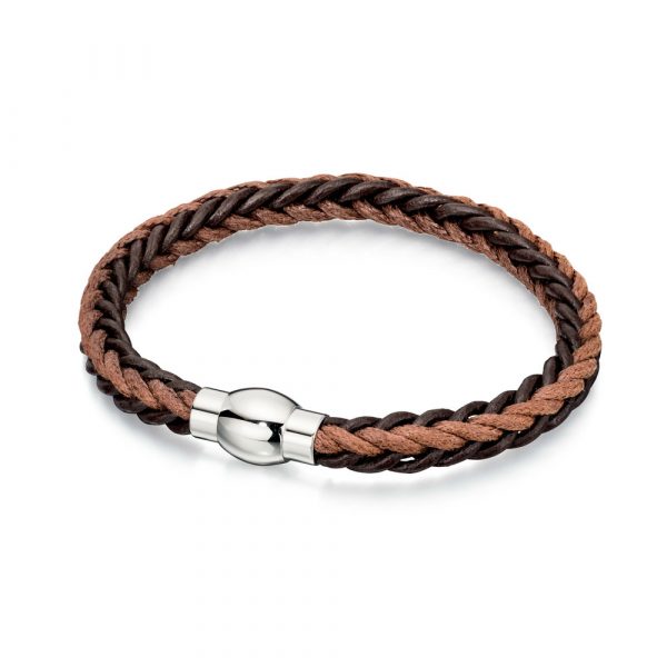 Fred Bennett Brown Leather & Cord Bracelet In Square Plaited Profile