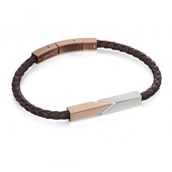 Fred Bennett Stainless Steel & Rose Gold IP With Brown Leather Bracelet