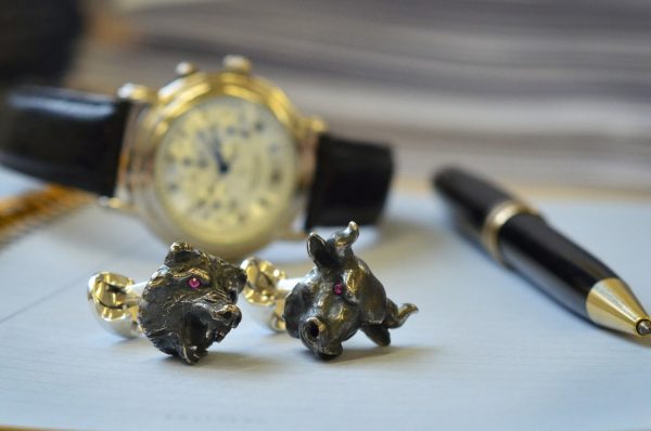 Sterling Silver Bull & Bear Cufflinks with Ruby Eyes
