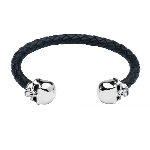 Leather Bangle with Sterling Silver Skull Head Ends