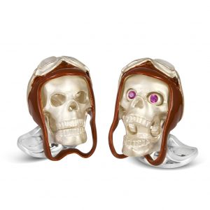 Sterling Silver Skull Cufflinks with Brown Vintage Aviator Pilot Hat