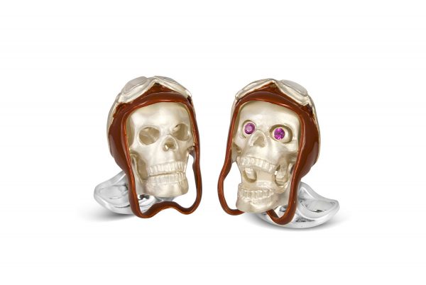 Sterling Silver Skull Cufflinks with Brown Vintage Aviator Pilot Hat