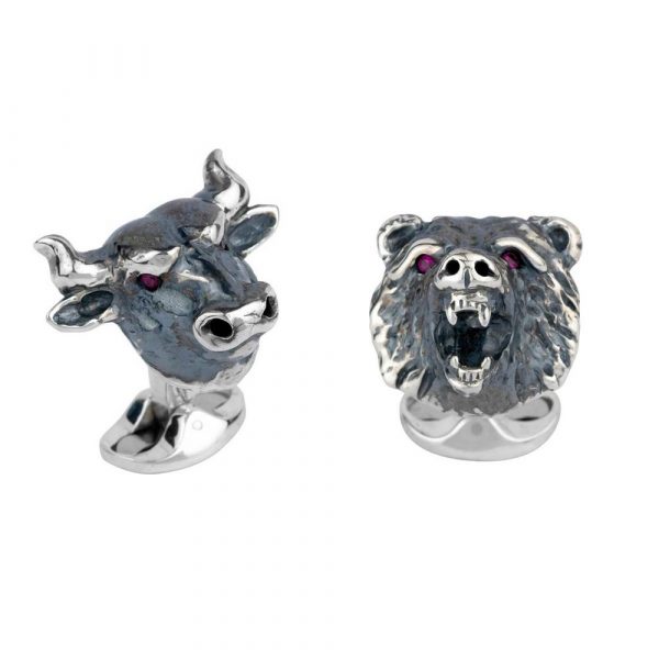 Sterling Silver Bull & Bear Cufflinks with Ruby Eyes