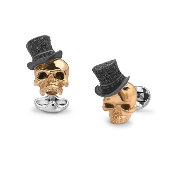 Rose gold plated skull cufflinks with black spinel top hats