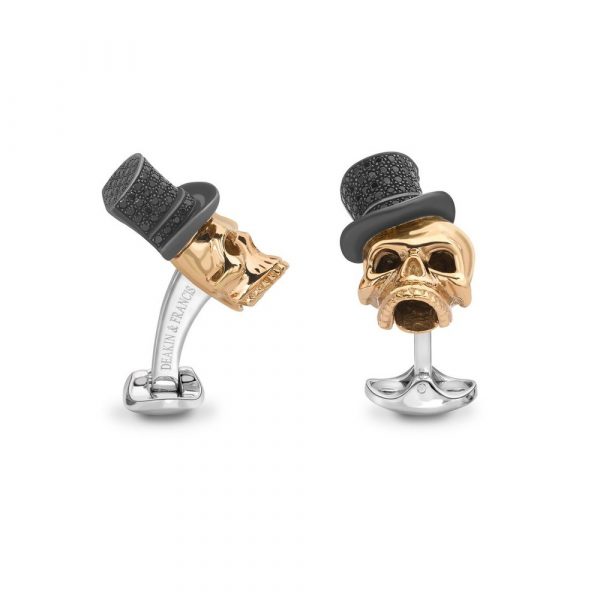 Rose gold plated skull cufflinks with black spinel top hats