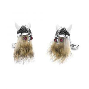 Hairy Viking Skull with Black Spinel Helmet and Ruby Eye Cufflinks