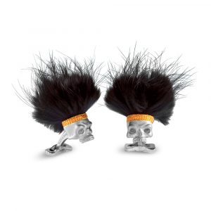 Sterling Silver Skull Cufflinks with Black Hair