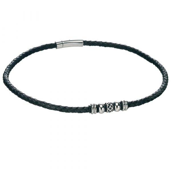 Stainless Steel & Black Leather Celtic Bead Necklace
