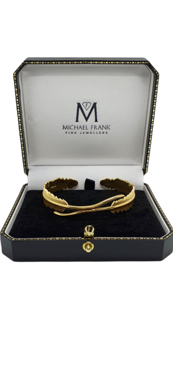 Ladies Silver Feather Bangle with Yellow Gold Plating