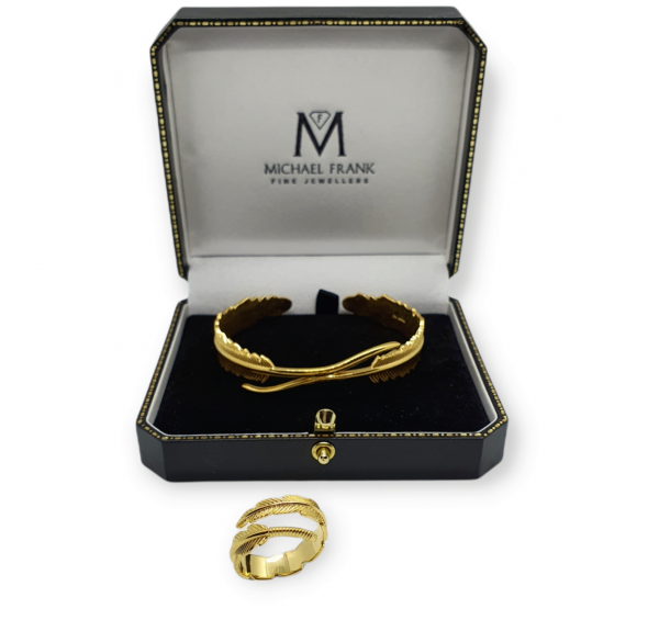 Ladies Silver Feather Bangle with Yellow Gold Plating
