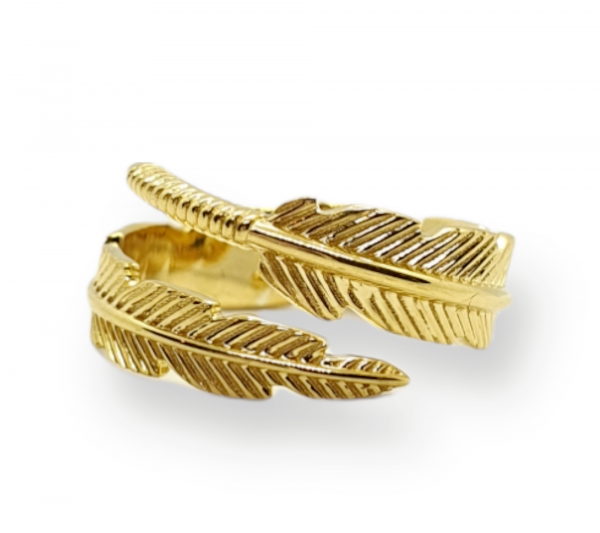 Ladies Silver Feather Ring with Yellow Gold Plating