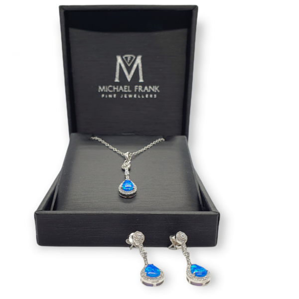 Ladies Silver Pendant & Earrings set with Blue Synthetic Opals