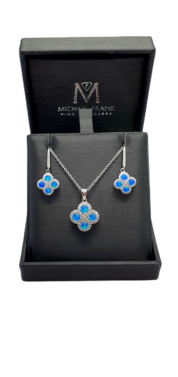 Ladies Silver Pendant & Earrings set with Synthetic Blue Opals