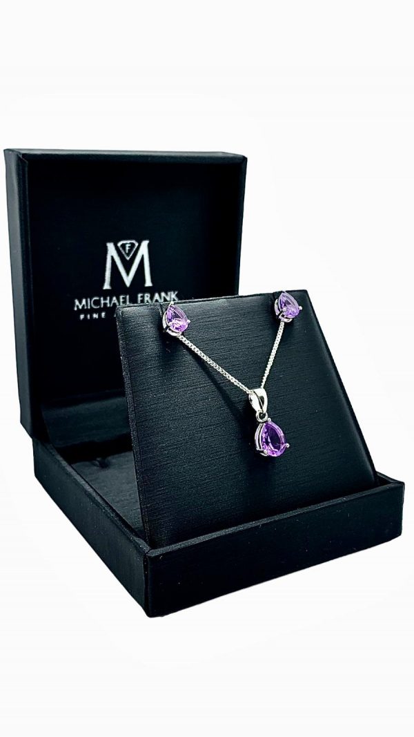Silver Amethyst Pear Cut Pendant and Earring Set