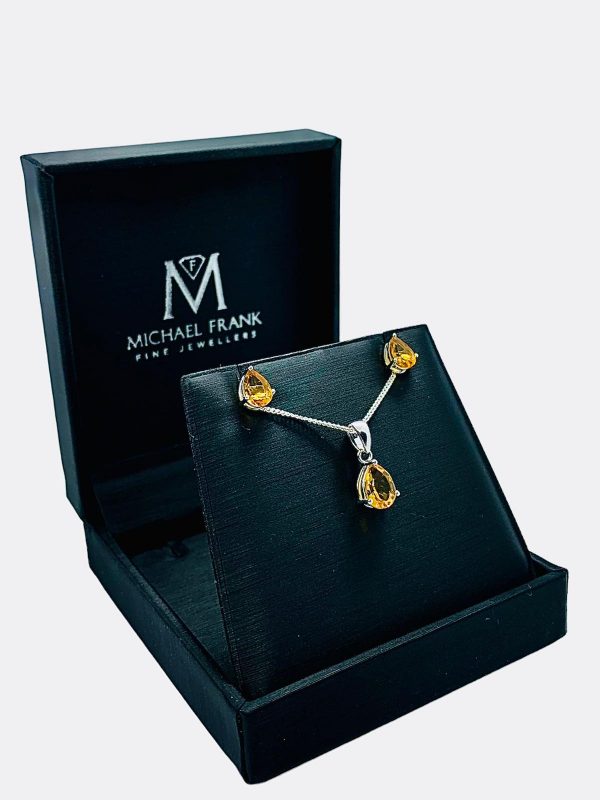 Silver Citrine Pear Cut Pendant and Earring Set