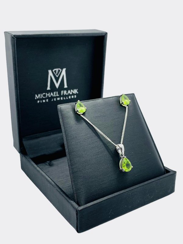 Silver Peridot Pear Cut Pendant and Earring Set