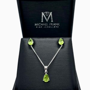 Silver Peridot Pear Cut Pendant and Earring Set