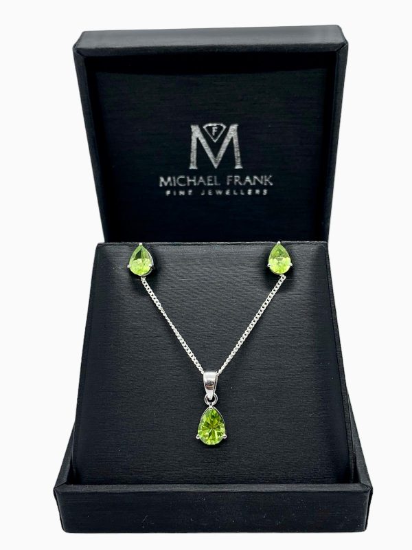 Silver Peridot Pear Cut Pendant and Earring Set