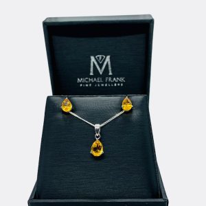 Silver Citrine Pear Cut Pendant and Earring Set