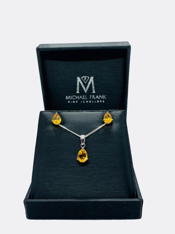 Silver Citrine Pear Cut Pendant and Earring Set