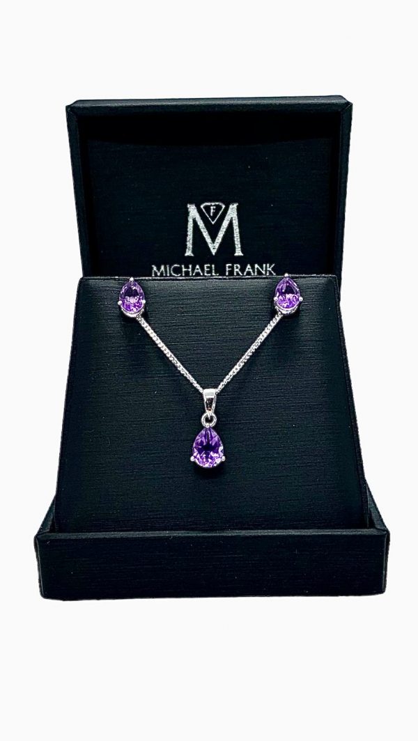 Silver Amethyst Pear Cut Pendant and Earring Set