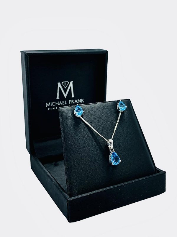 Silver Blue Topaz Pear Cut Pendant and Earring Set