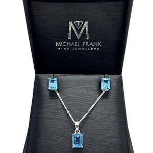 Silver Blue Topaz Emerald Cut Pendant and Earring Set