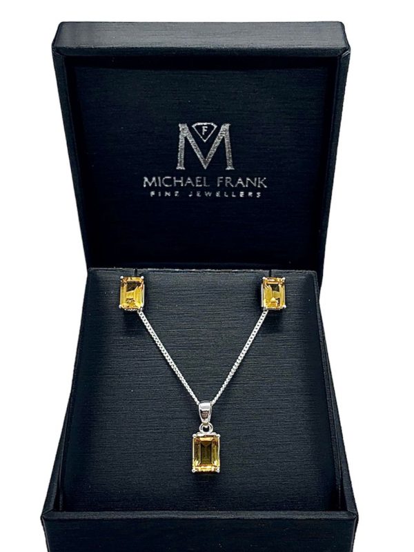 Silver Citrine Emerald Cut Pendant and Earring Set