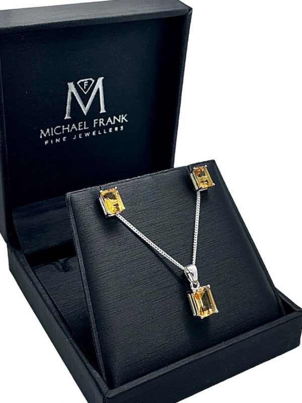 Silver Citrine Emerald Cut Pendant and Earring Set