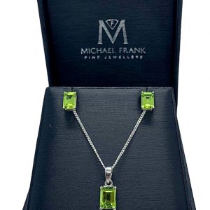 Silver Peridot Emerald Cut Pendant and Earring Set