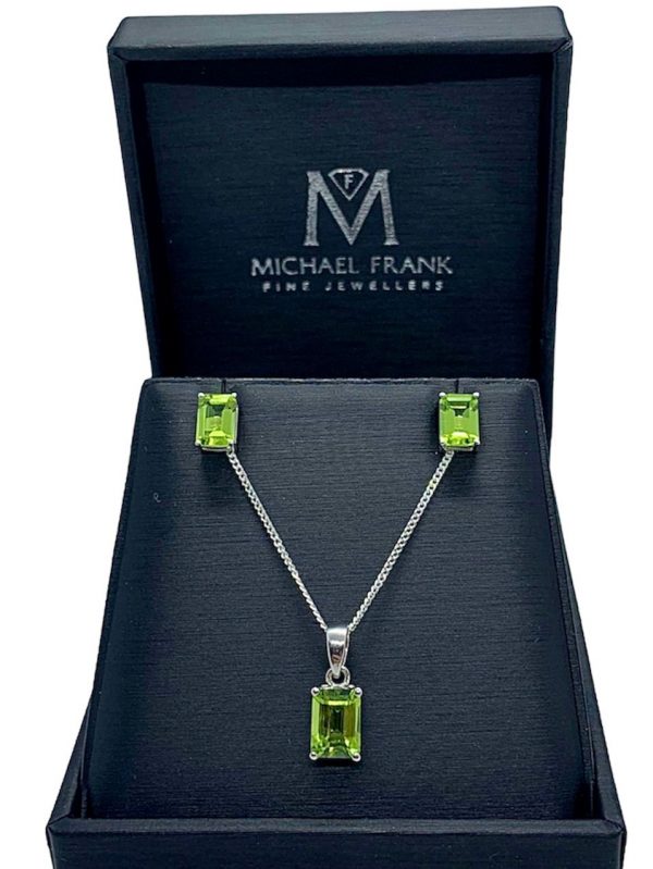 Silver Peridot Emerald Cut Pendant and Earring Set