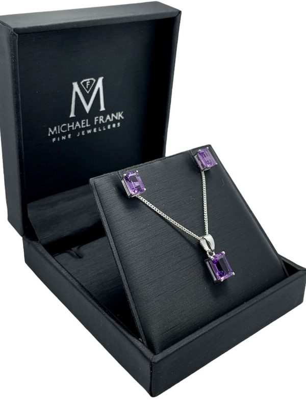 Silver Amethyst Emerald Cut Pendant and Earring Set