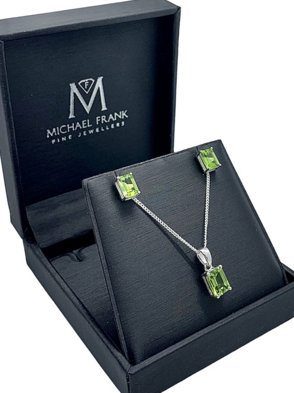 Silver Peridot Emerald Cut Pendant and Earring Set