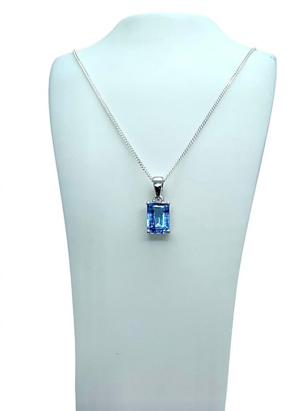 Silver Blue Topaz Emerald Cut Pendant and Earring Set