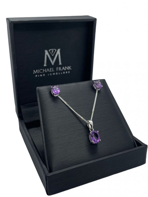Silver Amethyst Oval Cut Pendant and Earring Set