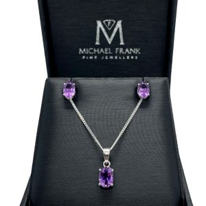 Silver Amethyst Oval Cut Pendant and Earring Set